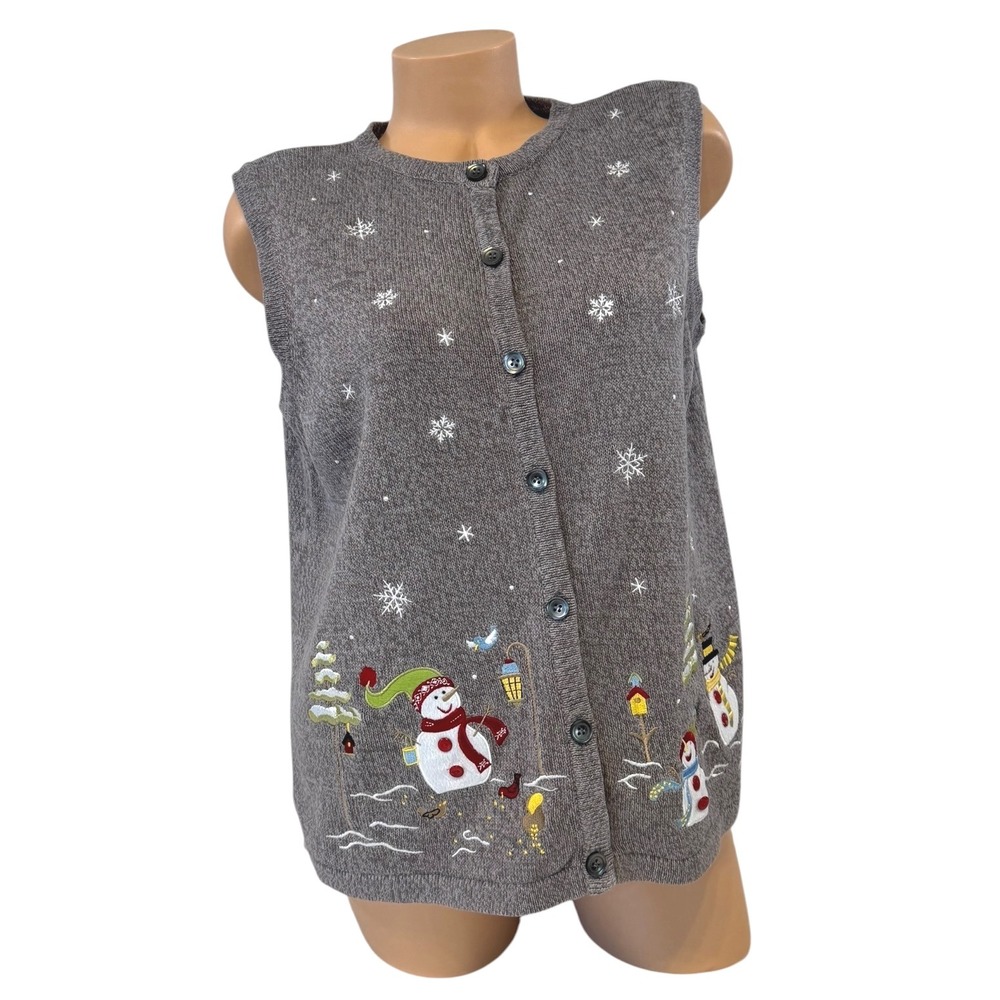 Breckenridge Womens LARGE PETITE Gray Christmas Snowman Embroidered Sweater Vest